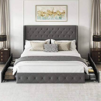 Koral Upholstered King Size Bed Frame with Storage Drawers,Tufted Wingback Headboard