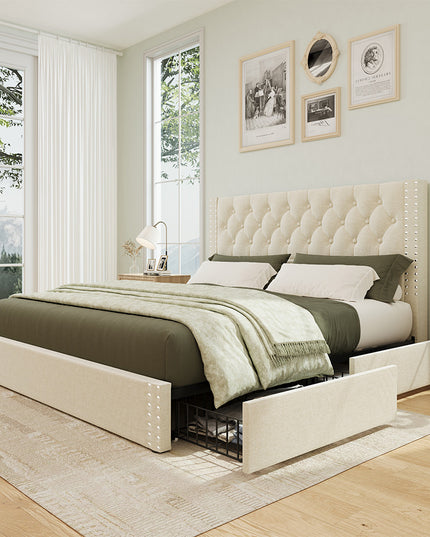Larmace Upholstered Bed Frame with Storage Linen Platform Tufted Bed Frame with 4 Drawers and Headboard, Wood Slats Support, No Box Spring Beige