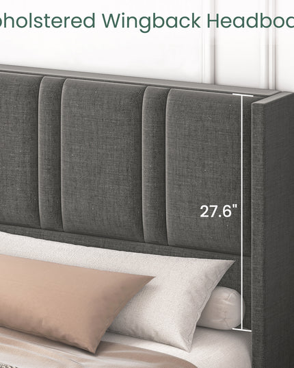 Larmace Upholstered Bed Frame with 4 Storage Drawers and Vertical Channel Tufted Headboard Linen Platform Bed Frame