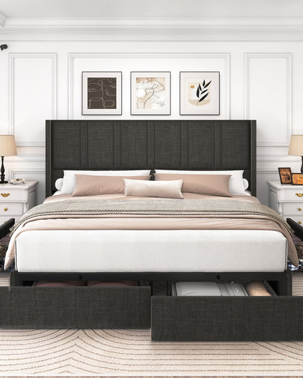 Larmace Upholstered Bed Frame with 4 Storage Drawers and Vertical Channel Tufted Headboard Linen Platform Bed Frame