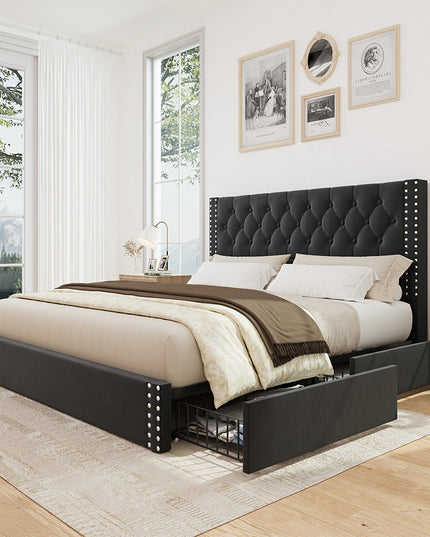 Larmace Upholstered Bed Frame with Storage Linen Platform Tufted Bed Frame with 4 Drawers and Headboard, Wood Slats Support, No Box Spring Velvet Black