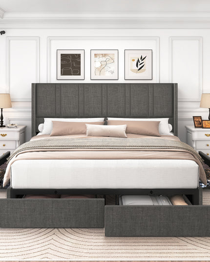 Larmace Upholstered Bed Frame with 4 Storage Drawers and Vertical Channel Tufted Headboard Linen Platform Bed Frame