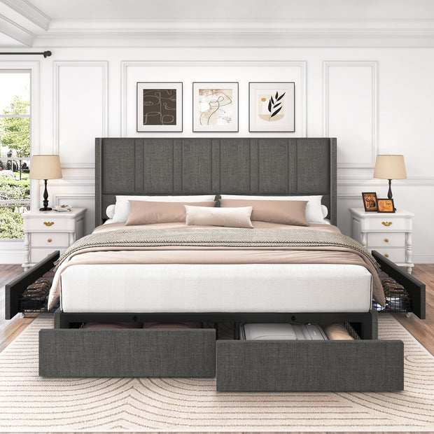 Larmace Upholstered Bed Frame with 4 Storage Drawers and Vertical Channel Tufted Headboard Linen Platform Bed Frame
