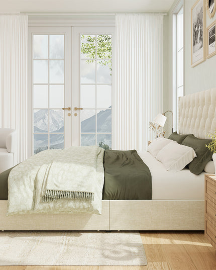 Larmace Upholstered Bed Frame with Storage Linen Platform Tufted Bed Frame with 4 Drawers and Headboard, Wood Slats Support, No Box Spring
