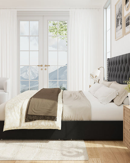 Larmace Upholstered Bed Frame with Storage Linen Platform Tufted Bed Frame with 4 Drawers and Headboard, Wood Slats Support, No Box Spring