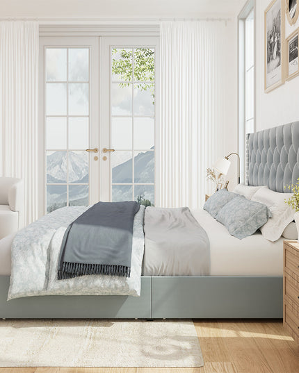 Larmace Upholstered Bed Frame with Storage Linen Platform Tufted Bed Frame with 4 Drawers and Headboard, Wood Slats Support, No Box Spring