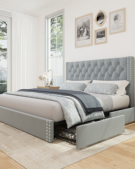 Larmace Upholstered Bed Frame with Storage Linen Platform Tufted Bed Frame with 4 Drawers and Headboard, Wood Slats Support, No Box Spring Bluish Grey