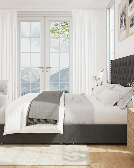 Larmace Upholstered Bed Frame with Storage Linen Platform Tufted Bed Frame with 4 Drawers and Headboard, Wood Slats Support, No Box Spring
