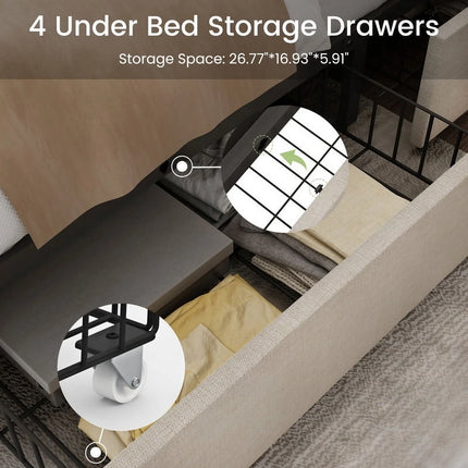 Koral Upholstered King Size Bed Frame with Storage Drawers,Tufted Wingback Headboard