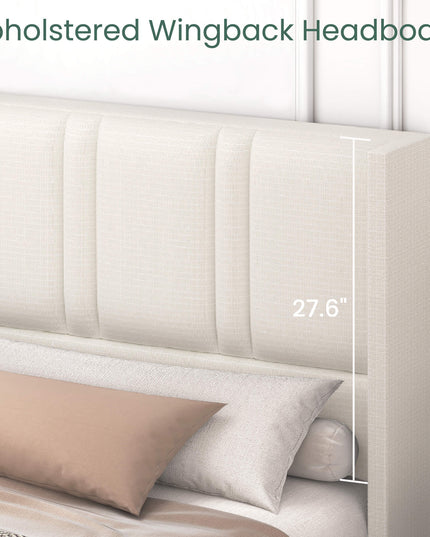 Larmace Upholstered Bed Frame with 4 Storage Drawers and Vertical Channel Tufted Headboard Linen Platform Bed Frame