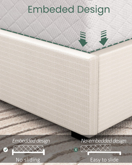 Larmace Upholstered Bed Frame with 4 Storage Drawers and Vertical Channel Tufted Headboard Linen Platform Bed Frame