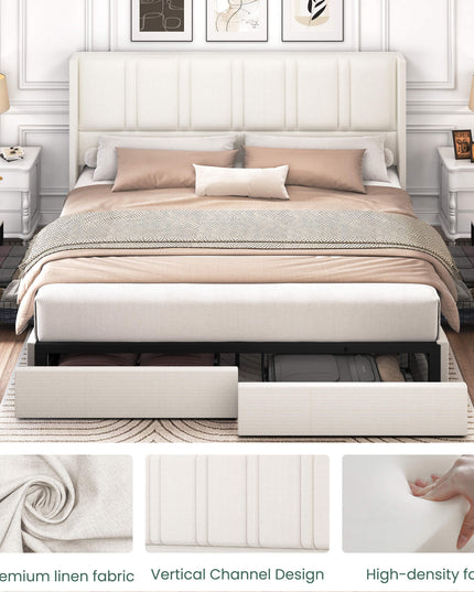 Larmace Upholstered Bed Frame with 4 Storage Drawers and Vertical Channel Tufted Headboard Linen Platform Bed Frame