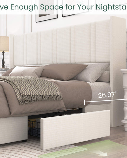 Larmace Upholstered Bed Frame with 4 Storage Drawers and Vertical Channel Tufted Headboard Linen Platform Bed Frame