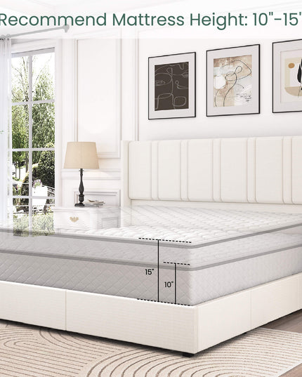 Larmace Upholstered Bed Frame with 4 Storage Drawers and Vertical Channel Tufted Headboard Linen Platform Bed Frame