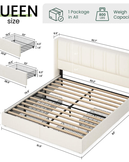 Larmace Upholstered Bed Frame with 4 Storage Drawers and Vertical Channel Tufted Headboard Linen Platform Bed Frame