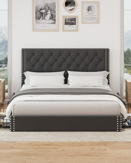 Larmace Upholstered Bed Frame with Storage Linen Platform Tufted Bed Frame with 4 Drawers and Headboard, Wood Slats Support, No Box Spring