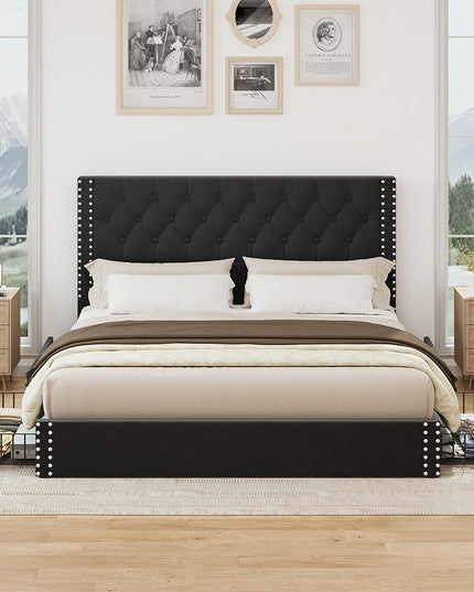 Larmace Upholstered Bed Frame with Storage Linen Platform Tufted Bed Frame with 4 Drawers and Headboard, Wood Slats Support, No Box Spring