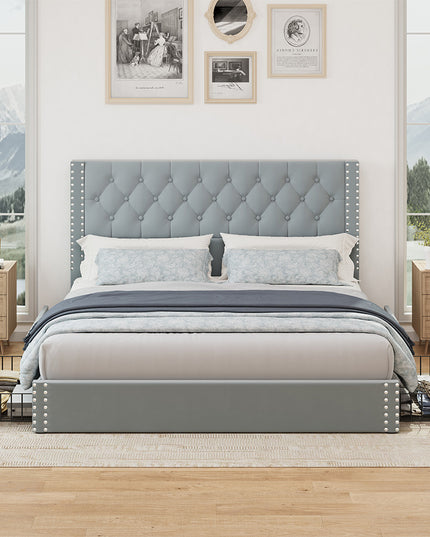 Larmace Upholstered Bed Frame with Storage Linen Platform Tufted Bed Frame with 4 Drawers and Headboard, Wood Slats Support, No Box Spring