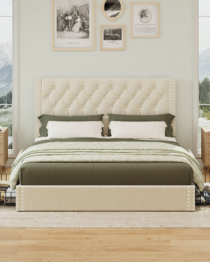 Larmace Upholstered Bed Frame with Storage Linen Platform Tufted Bed Frame with 4 Drawers and Headboard, Wood Slats Support, No Box Spring
