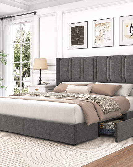 Larmace Upholstered Bed Frame with 4 Storage Drawers and Vertical Channel Tufted Headboard Linen Platform Bed Frame