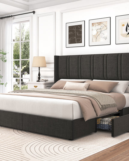 Larmace Upholstered Bed Frame with 4 Storage Drawers and Vertical Channel Tufted Headboard Linen Platform Bed Frame