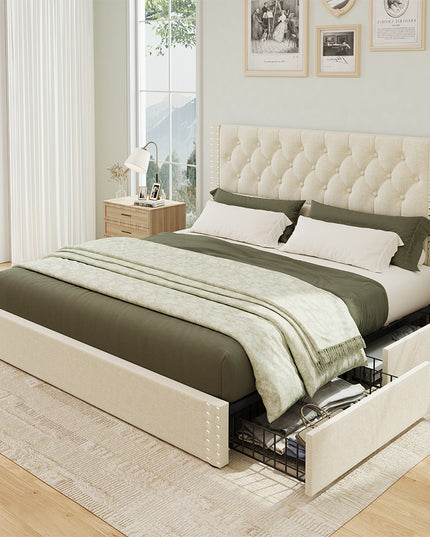 Larmace Upholstered Bed Frame with Storage Linen Platform Tufted Bed Frame with 4 Drawers and Headboard, Wood Slats Support, No Box Spring