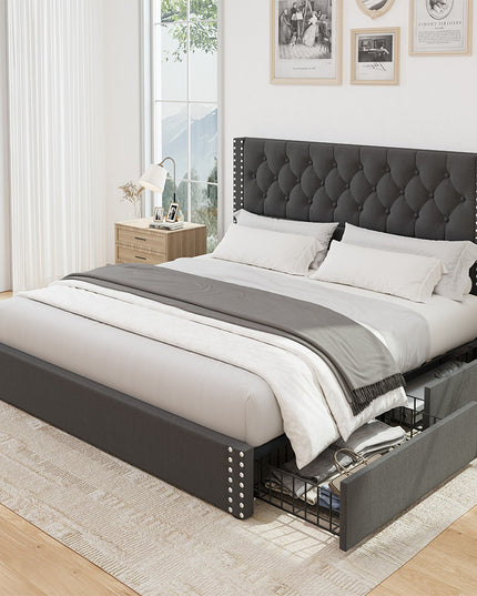 Larmace Upholstered Bed Frame with Storage Linen Platform Tufted Bed Frame with 4 Drawers and Headboard, Wood Slats Support, No Box Spring
