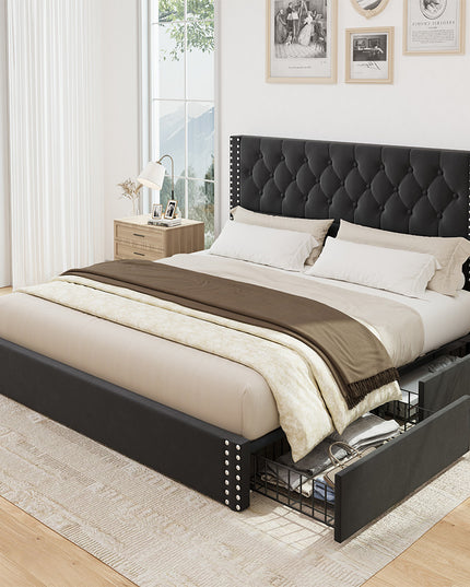 Larmace Upholstered Bed Frame with Storage Linen Platform Tufted Bed Frame with 4 Drawers and Headboard, Wood Slats Support, No Box Spring