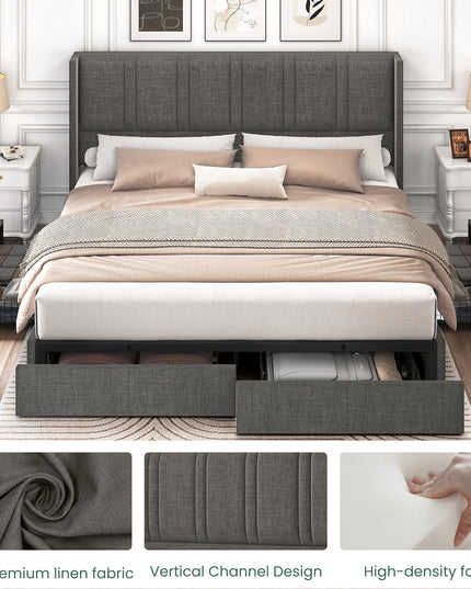 Larmace Upholstered Bed Frame with 4 Storage Drawers and Vertical Channel Tufted Headboard Linen Platform Bed Frame