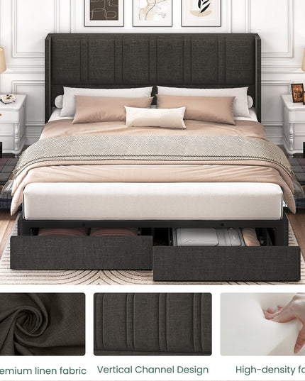 Larmace Upholstered Bed Frame with 4 Storage Drawers and Vertical Channel Tufted Headboard Linen Platform Bed Frame