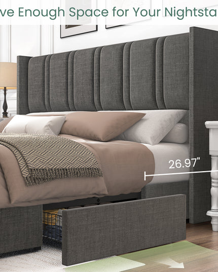 Larmace Upholstered Bed Frame with 4 Storage Drawers and Vertical Channel Tufted Headboard Linen Platform Bed Frame