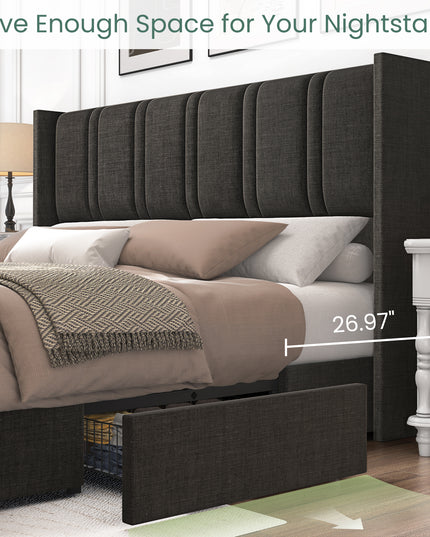 Larmace Upholstered Bed Frame with 4 Storage Drawers and Vertical Channel Tufted Headboard Linen Platform Bed Frame
