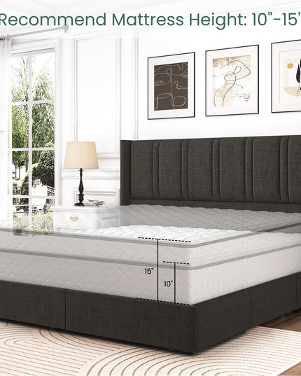 Larmace Upholstered Bed Frame with 4 Storage Drawers and Vertical Channel Tufted Headboard Linen Platform Bed Frame