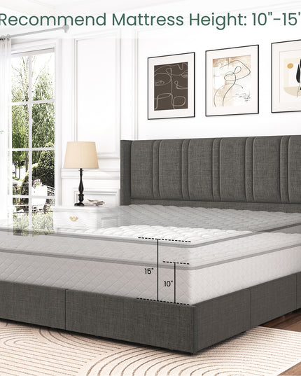 Larmace Upholstered Bed Frame with 4 Storage Drawers and Vertical Channel Tufted Headboard Linen Platform Bed Frame