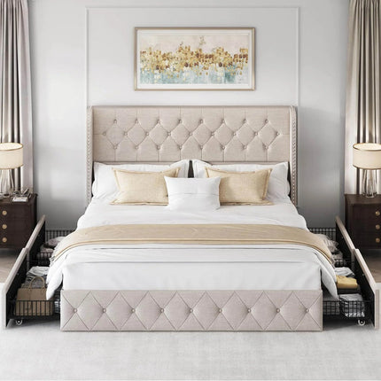 Koral Upholstered King Size Bed Frame with Storage Drawers,Tufted Wingback Headboard