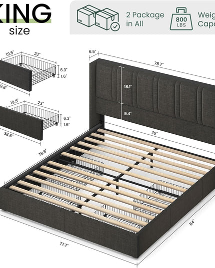 Larmace Upholstered Bed Frame with 4 Storage Drawers and Vertical Channel Tufted Headboard Linen Platform Bed Frame