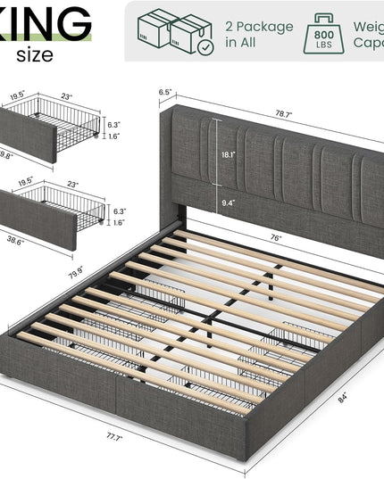 Larmace Upholstered Bed Frame with 4 Storage Drawers and Vertical Channel Tufted Headboard Linen Platform Bed Frame