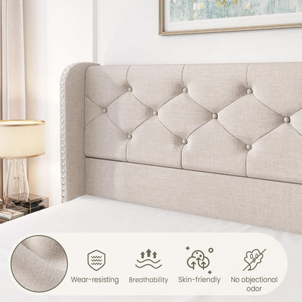 Koral Upholstered King Size Bed Frame with Storage Drawers,Tufted Wingback Headboard