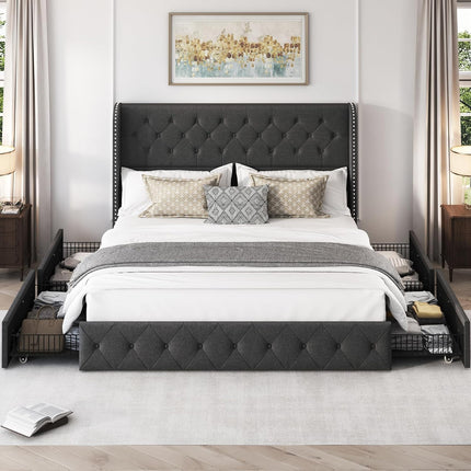 Koral Upholstered King Size Bed Frame with Storage Drawers,Tufted Wingback Headboard