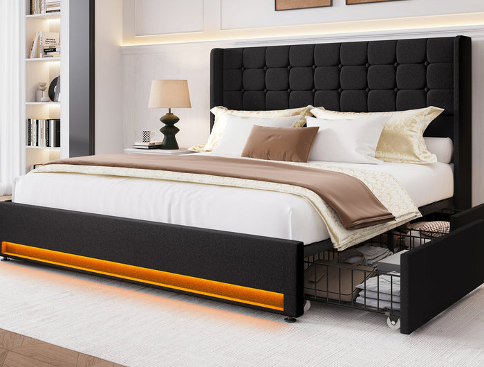 Larmace Bed Frame with 4 Storage Drawers, Velvet LED Upholstered Bed Frame with Headboard Black King