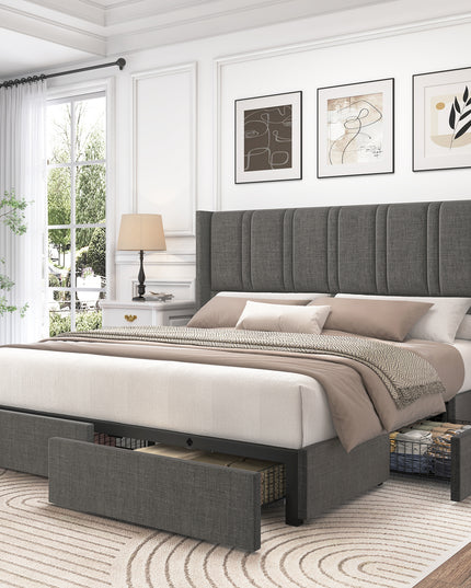 Larmace Upholstered Bed Frame with 4 Storage Drawers and Vertical Channel Tufted Headboard Linen Platform Bed Frame Light Grey