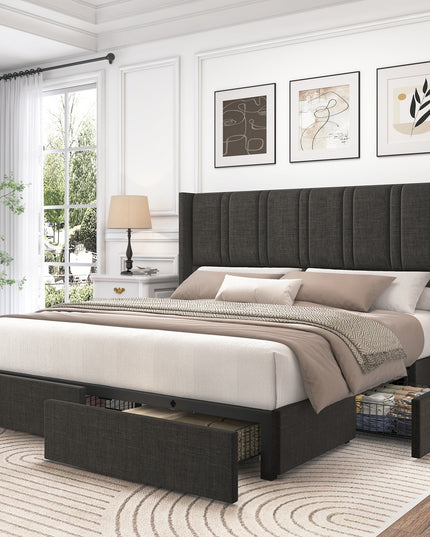 Larmace Upholstered Bed Frame with 4 Storage Drawers and Vertical Channel Tufted Headboard Linen Platform Bed Frame Dark Grey