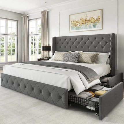 Larmace Modern Upholstered Platform Bed Frame with Button Tufted Velvet Wingback Headboard, 4 Storage Drawers Underneath Grey