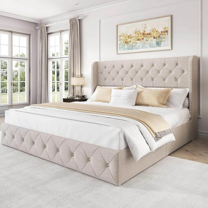 Koral Upholstered King Size Bed Frame with Storage Drawers,Tufted Wingback Headboard Beige