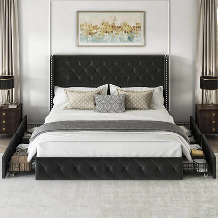 Larmace Modern Upholstered Platform Bed Frame with Button Tufted Velvet Wingback Headboard, 4 Storage Drawers Underneath