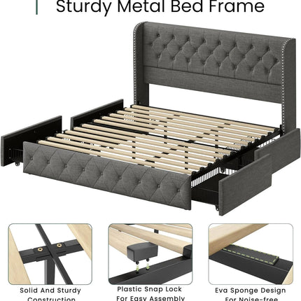 Larmace Modern Upholstered Platform Bed Frame with Button Tufted Velvet Wingback Headboard, 4 Storage Drawers Underneath