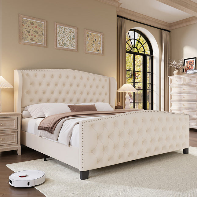 Modern Velvet Wingback Bed Frame with High Back Headboard | Larmace ...